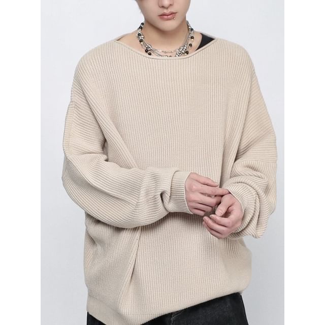 Derbundy-Boat Neck Plain Ribbed Knit Sweater