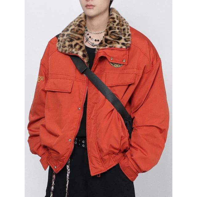 Derbundy-Collared Leopard Panel Zip Jacket
