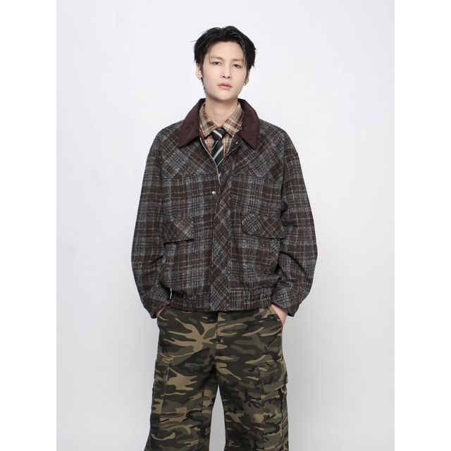 Derbundy-Contrast Collar Plaid Zip-Up Barn Jacket