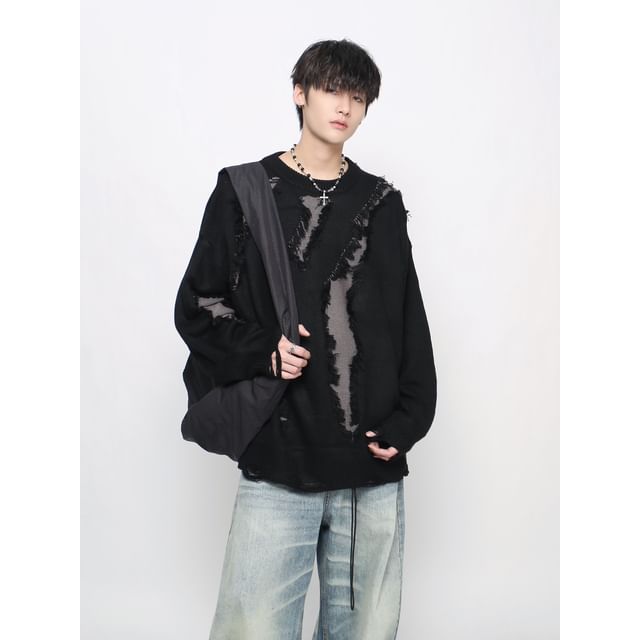 Derbundy-Crew Neck Two Tone Fringed Distressed Sweater
