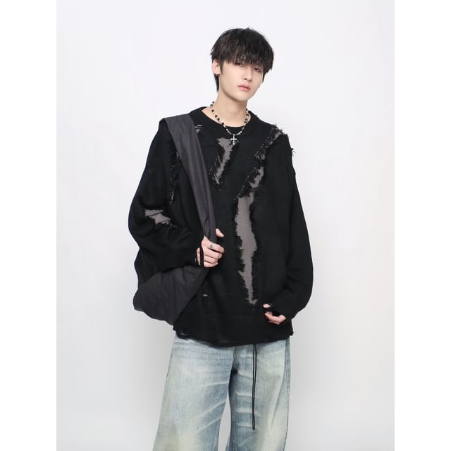 Derbundy-Crew Neck Two Tone Fringed Distressed Sweater