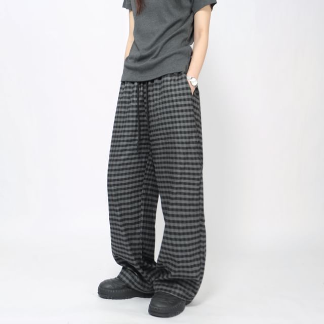 Derbundy-Drawstring Waist Plaid Loose Fit Pants