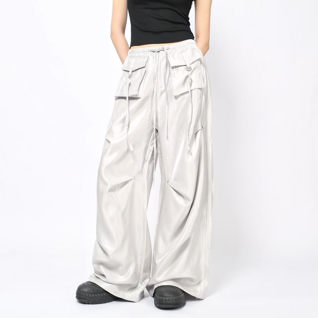 Derbundy-Drawstring Waist Plain Wide Leg Cargo Pants