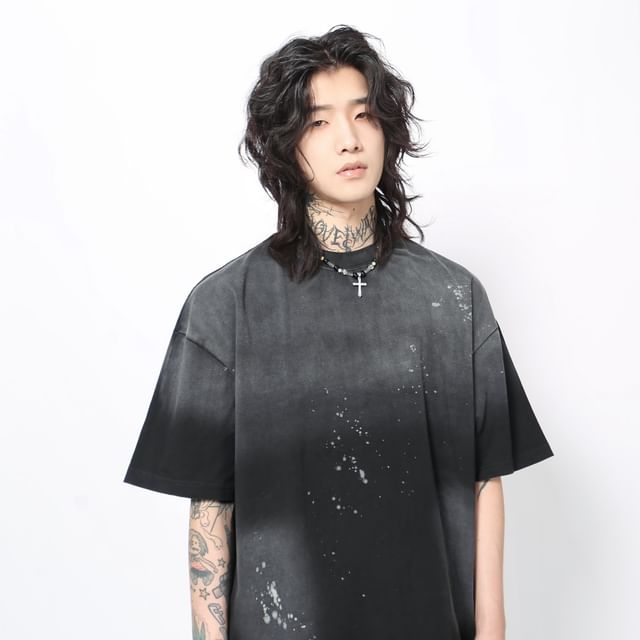 Derbundy-Elbow-Sleeve Crewneck Gradient T-Shirt