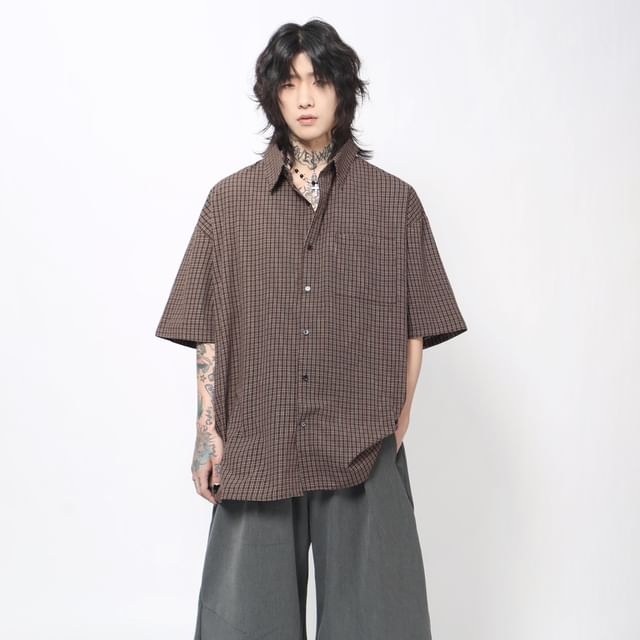 Derbundy-Elbow-Sleeve Plaid Pocketed Shirt
