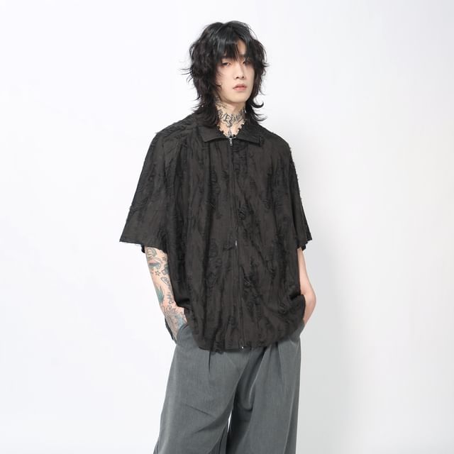 Derbundy-Elbow-Sleeve Zip-Up Plain Shirt