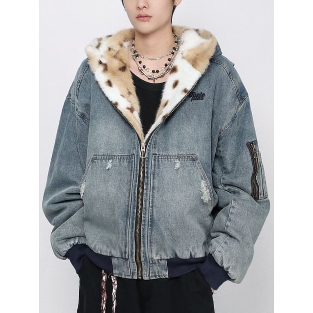 Derbundy-Fleece Hooded Washed Denim Zip Jacket