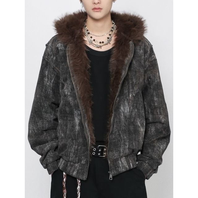 Derbundy-Fluffy Hooded Plain Tie-Dye Zip Jacket