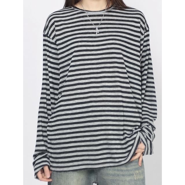 Derbundy-Long Sleeve Crew Neck Striped T-Shirt