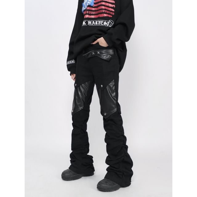 Derbundy-Mid Rise Faux Leather Panel Bootcut Pants