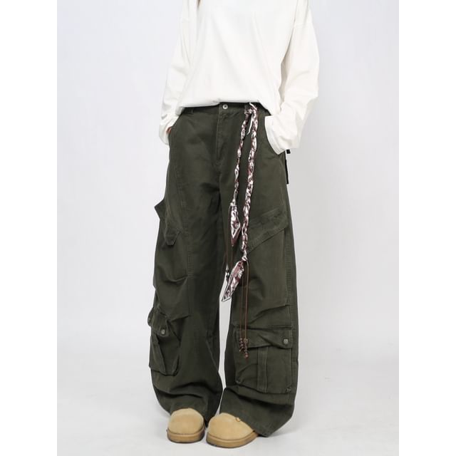 Derbundy-Mid Rise Plain Wide Leg Cargo Pants