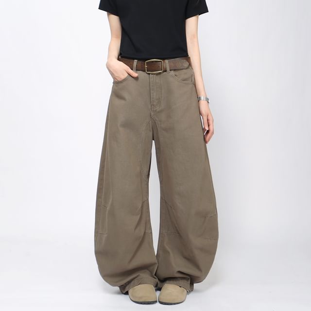 Derbundy-Mid Rise Plain Wide Leg Pants