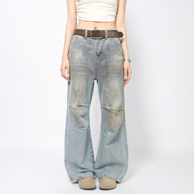 Derbundy-Mid Rise Washed Flared Jeans