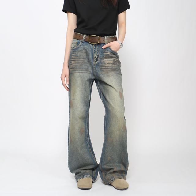 Derbundy-Mid Rise Washed Flared Jeans