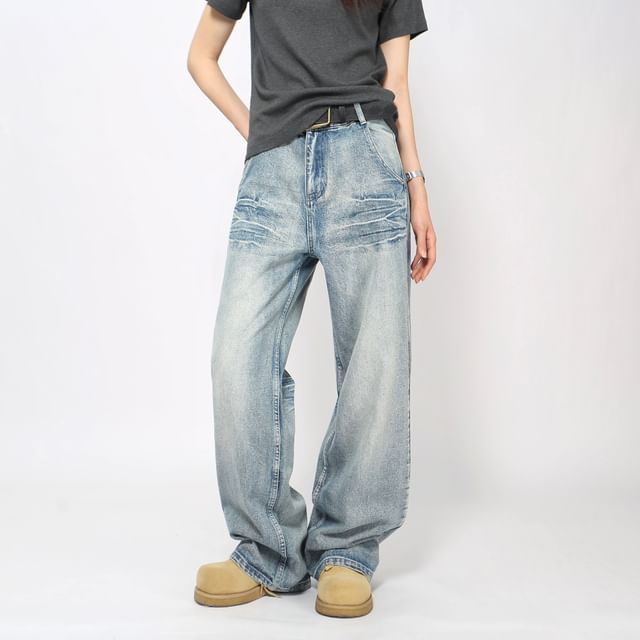 Derbundy-Mid Rise Washed Loose Fit Jeans