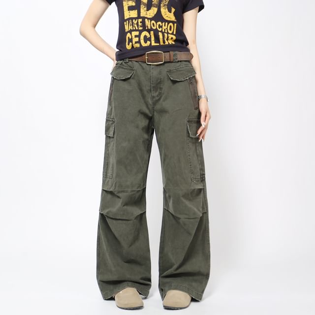 Derbundy-Mid Rise Washed Wide Leg Cargo Pants