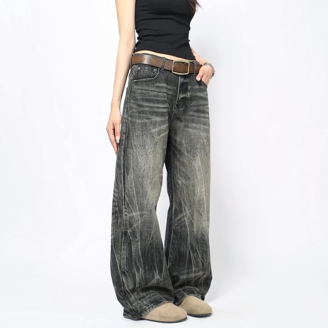 Derbundy-Mid Rise Washed Wide Leg Jeans