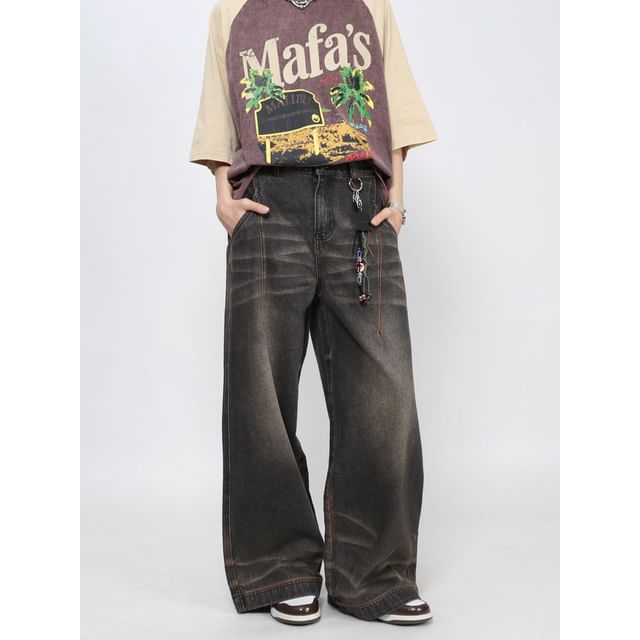 Derbundy-Mid Rise Washed Wide Leg Jeans