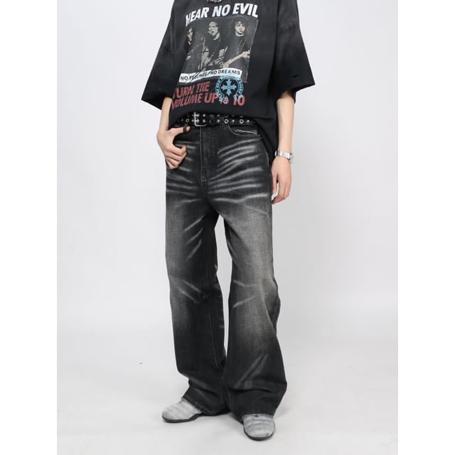Derbundy-Mid Rise Washed Wide Leg Jeans