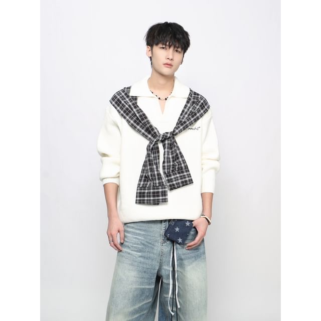 Derbundy-Mock Two-Piece Collared Plaid Panel Sweater