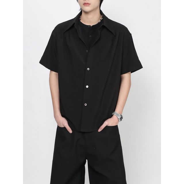 Derbundy-Short-Sleeve Collared Plain Button Up Shirt