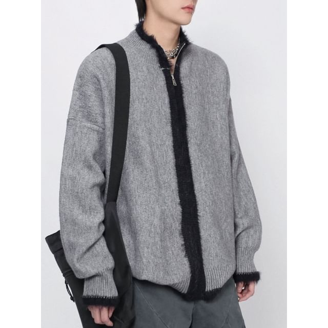 Derbundy-Stand Collar Contrast Trim Zip Cardigan