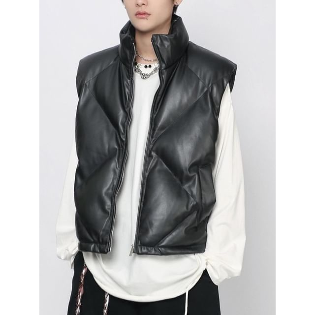 Derbundy-Stand Collar Plain Faux Leather Zip Puffer Vest