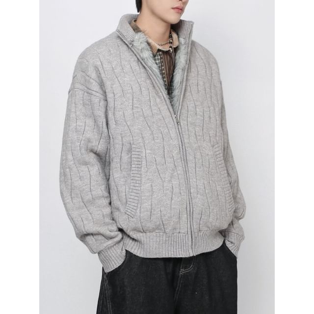 Derbundy-Stand Collar Plain Fluffy Lined Cable Knit Zip Jacket