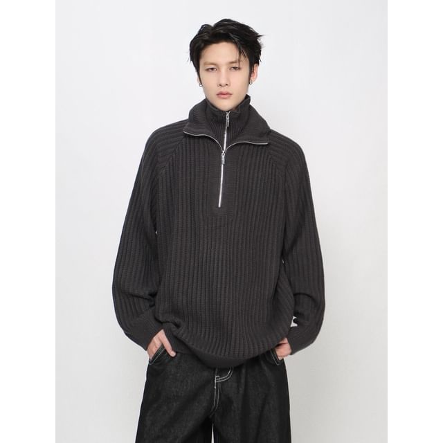 Derbundy-Stand Collar Plain Mock Two Piece Half Zip Sweater