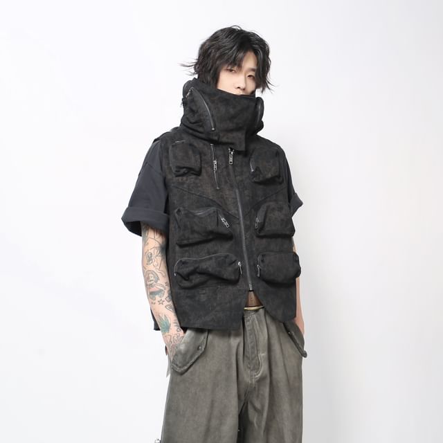 Derbundy-Turtleneck Pocketed Zip-Up Utility Vest