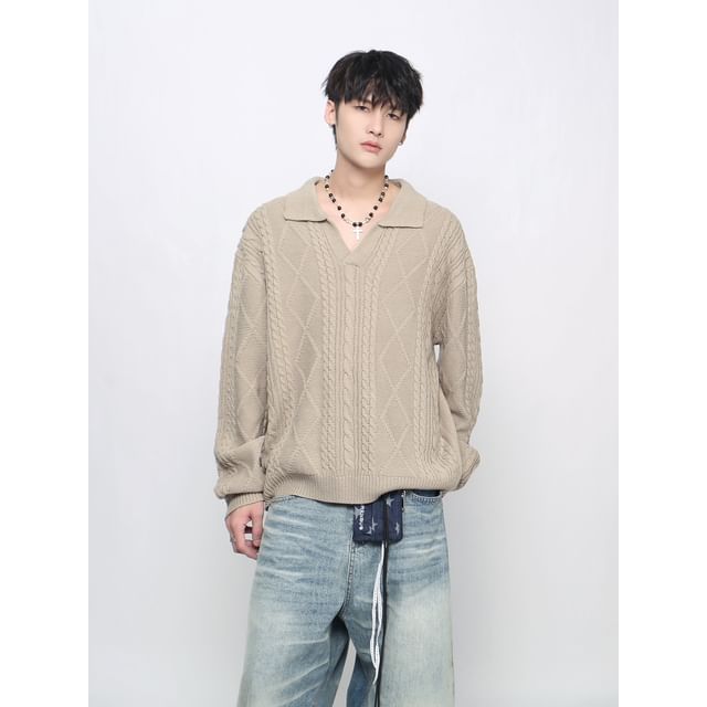 Derbundy-V-Neck Collared Plain Cable Knit Sweater