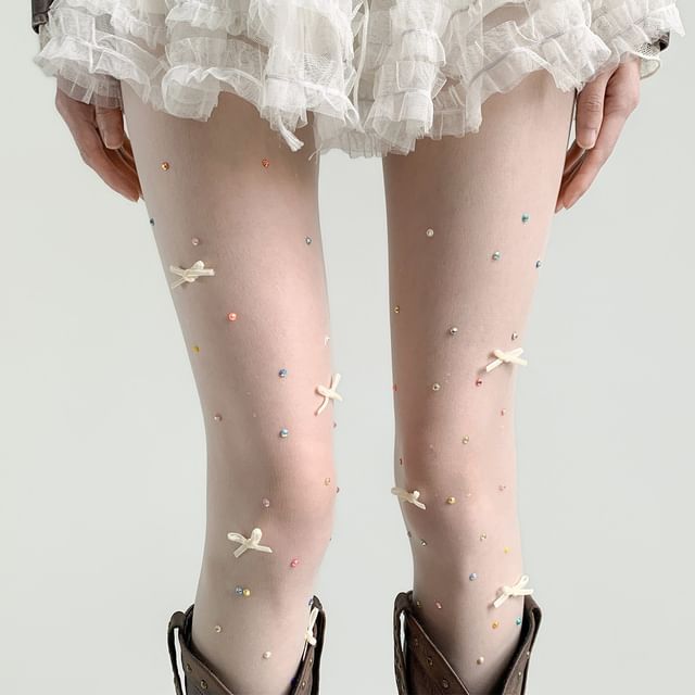 Desperim-Beaded Ribbon Accent Tights