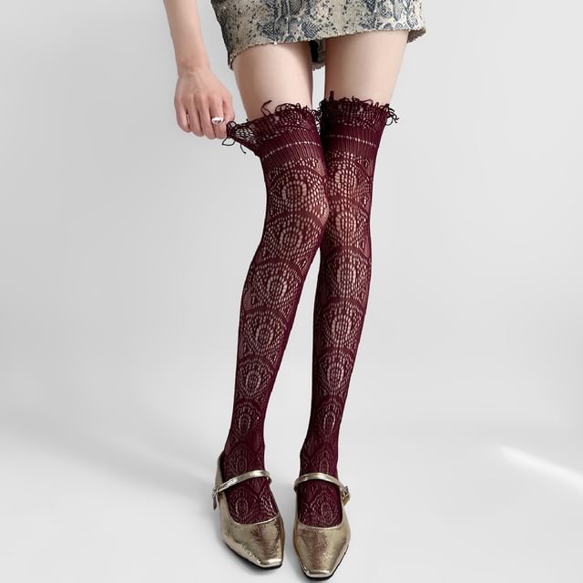 Desperim-Fringed Lace Over-The-Knee Socks