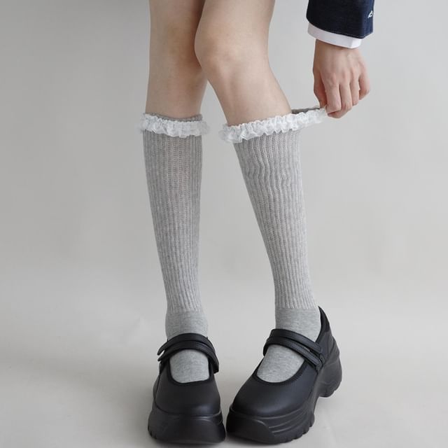 Desperim-Lace Trim Ribbed Tall Socks