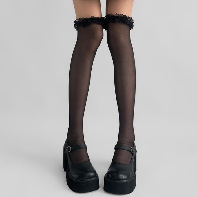 Desperim-Lace Trim Sheer Knee High Socks