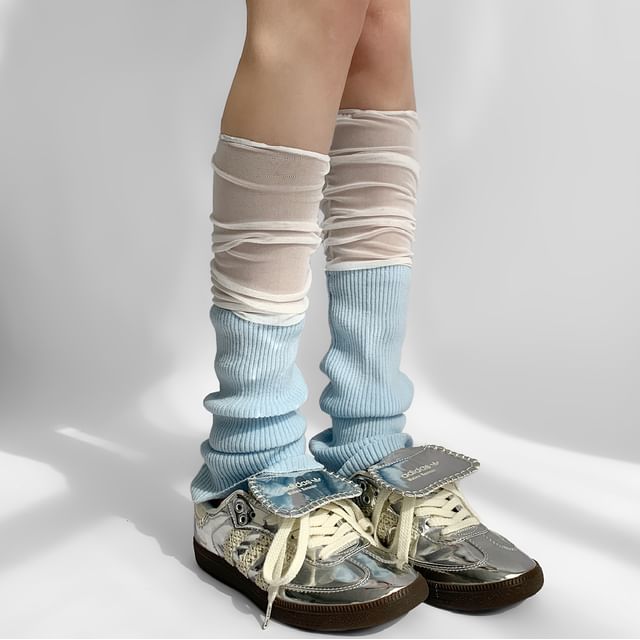 Desperim-Plain Mesh Panel Ribbed Socks