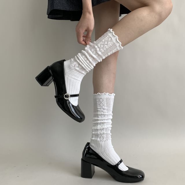 Desperim-Plain Pointelle Knit Crew Socks