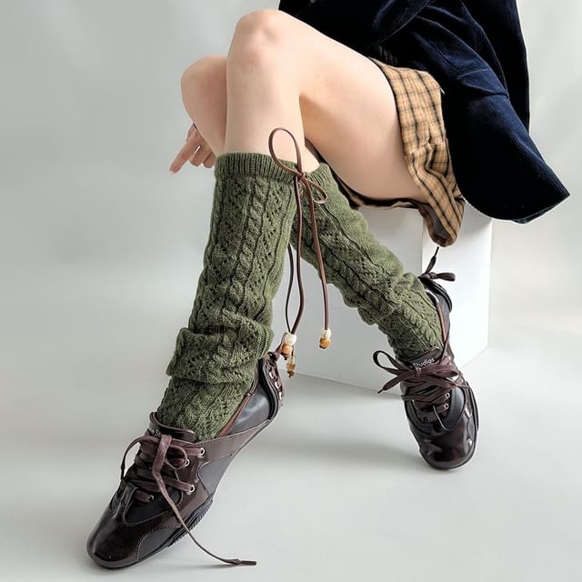 Desperim-Plain Tie-Up Cable Knit Knee High Socks