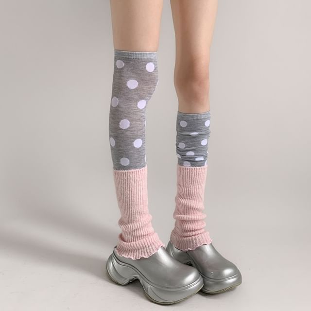 Desperim-Polka Dot Over-the-Knee Socks Plain Ribbed Leg Warmer Set