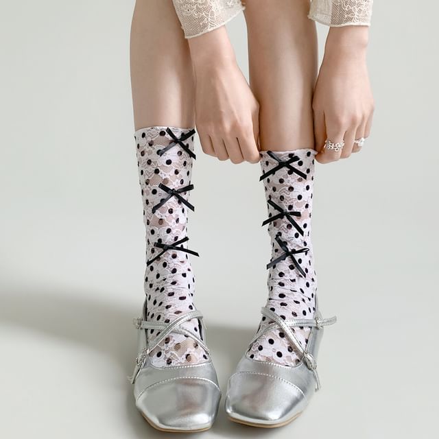 Desperim-Polka Dot Ribbon Accent Mid Calf Socks