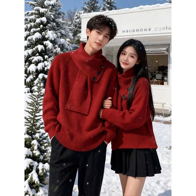 Diphon-Couple Matching Scarf Neck Plain Sweater