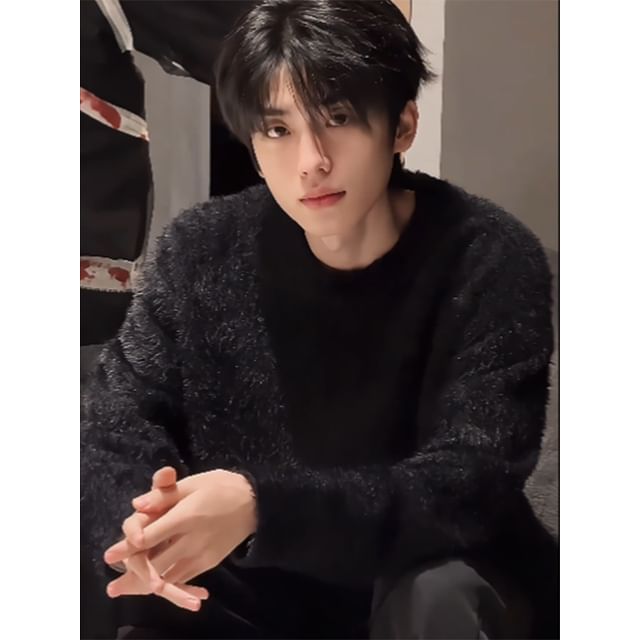 Diphon-Crew Neck Plain Fluffy Sweater