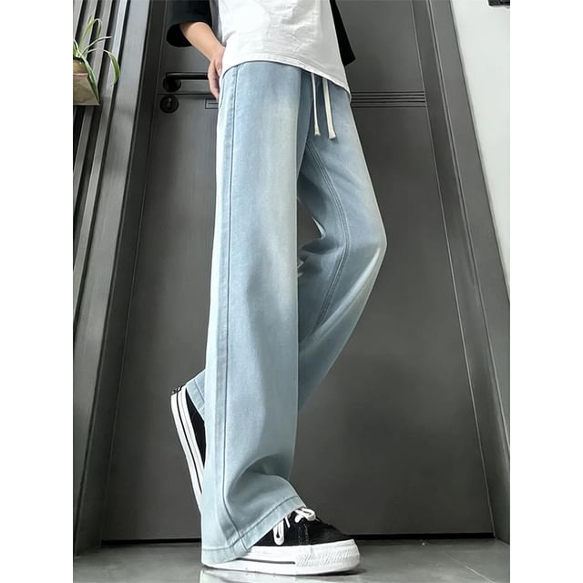 Diphon-Drawstring Waist Washed Straight Leg Jeans