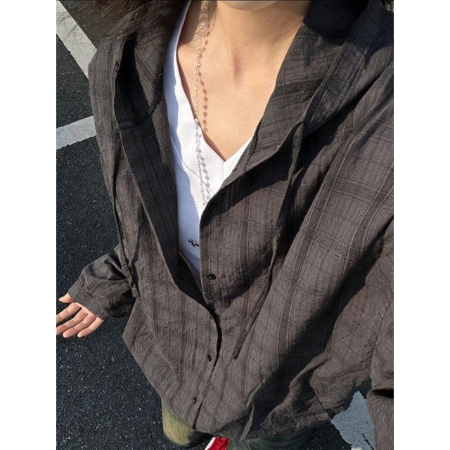 Diphon-Hooded Plaid Button-Up Shacket