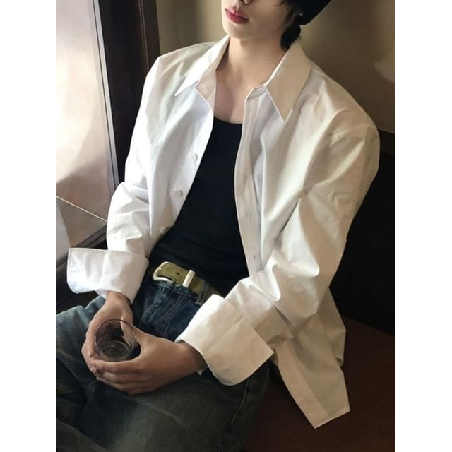 Diphon-Long-Sleeve Button-Up Plain Shirt