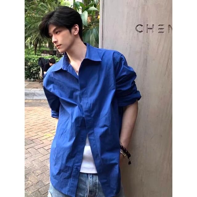 Diphon-Long-Sleeve Button-Up Plain Shirt