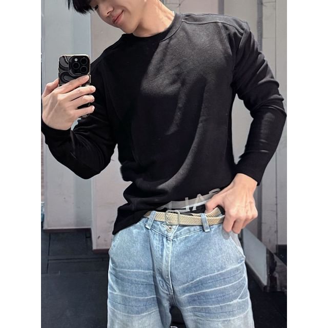 Diphon-Long Sleeve Crew Neck Plain T-Shirt