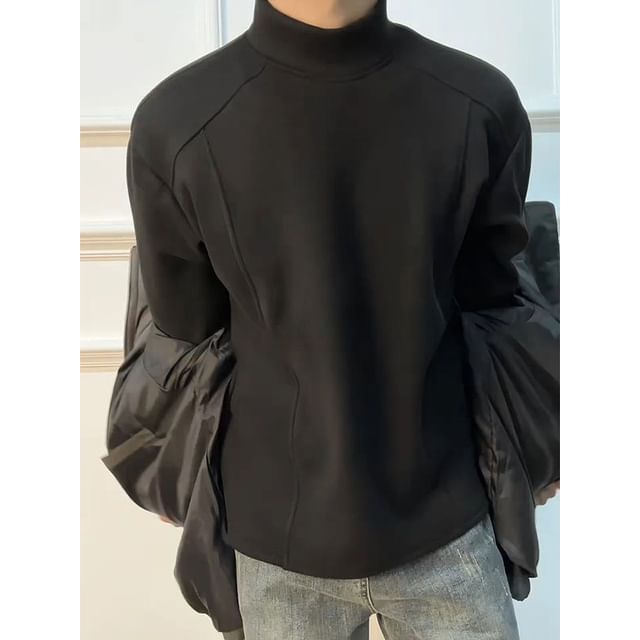 Diphon-Long Sleeve Mock Neck Plain Panel Top