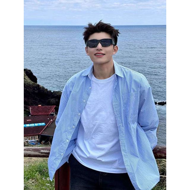Diphon-Long-Sleeve Pinstripe Pocketed Shirt
