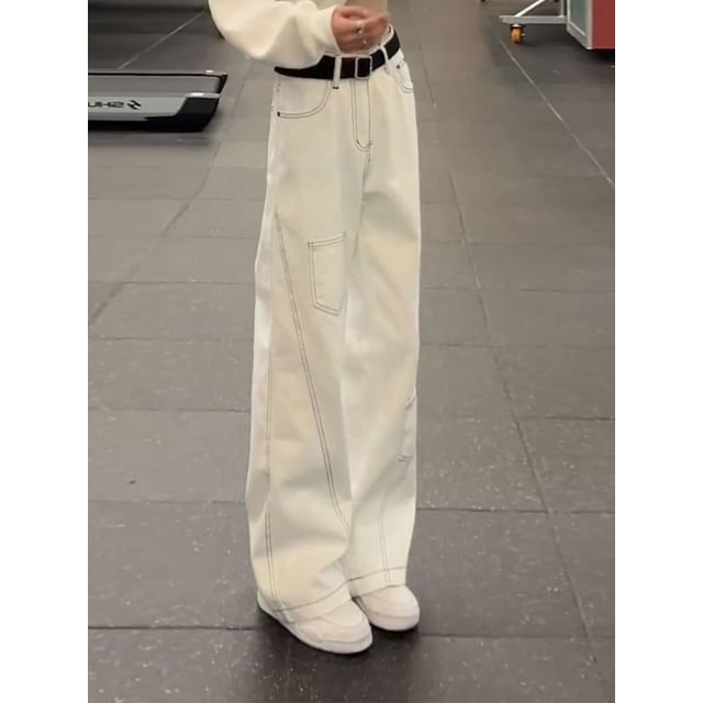 Diphon-Mid Rise Contrast Stitch Wide Leg Jeans